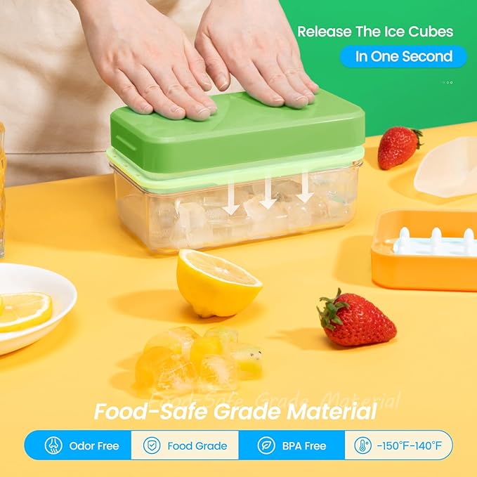 Ice Cube Tray with Lid and Bin, Easy Release 56 Cubes for Freezer | Food-grade BPA-free PP and ABS. Ice cubes for fruit, cocktails, iced coffee. Space-saving stackable with scoop