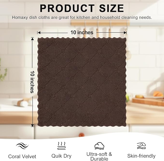Homaxy 24 Pack Super Soft & Absorbent Dish Cloths, 10" x 10", Brown | Coral Velvet, Nonstick Oil Fast Drying Microfiber Cleaning Cloth, No Lint Household Dishcloths