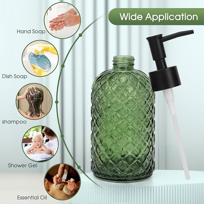 Topsky Gem Glass Soap Dispenser with Black Plastic Pump, 13oz Liquid Hand Soap Dispenser, Rustproof Pump for Kitchen & Bathroom, Great for Lotions, Essential Oil, Liquid Soaps-Army Green