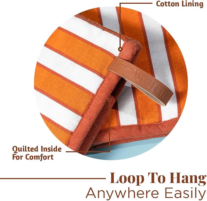Folkulture Fall Oven Mitts, Striped Rust & White, Set of 2 - (5.75"x9") | 100% Cotton, Non Slip, Silicone, Cute Striped Mini Mits with Hanging Loop, Fall Kitchen Décor, Cooking Gifts, Baking