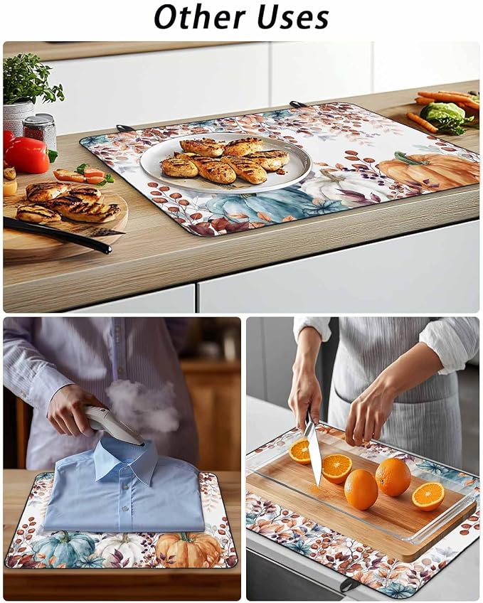 Stove Top Covers for Electric Stove 36x21 Inches, Fall Eucalyptus HeatResistant Glass Cooktop Protector, Orange Blue Pumpkins Thanksgiving Leaves Ceramic Stovetop Countertop Covers Mat, Oven Cover