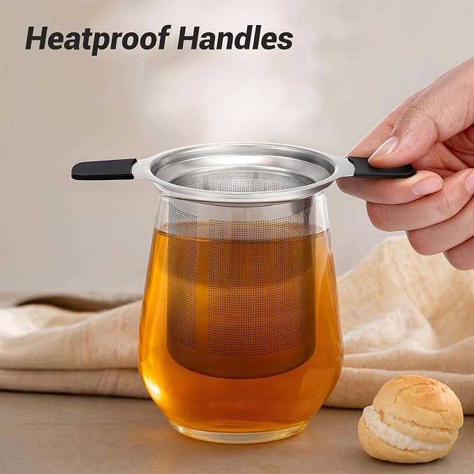 Tifanso Fine Mesh Stainless Steel Reusable Tea Infuser with Double Handles | Heat Resistant Grip, For Loose Leaf Tea Steeping, Fits Most Mugs & Cups, Rustproof Durable, Easy to Clean