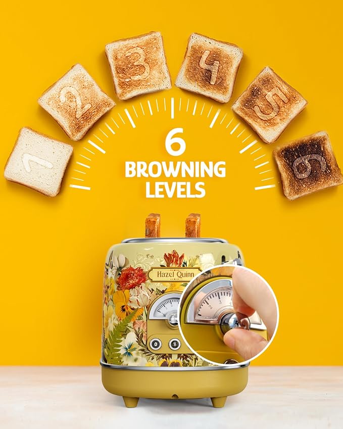 Hazel Quinn X Eduardo Recife 2-Slice Retro Toaster 6 Browning Levels Floral | 3 Functions-Defrost/Reheat/Cancel, Removable Crumb Tray for Easy to Clean 1.5 Inches Extra Wide Slots, Toast Bagels Breakfast