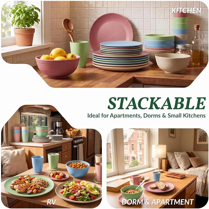 Kitchen Plates and Bowls Set 40 PCS Microwave and Dishwasher Safe Wheat Straw Dinnerware Sets Dish Sets for 8 Kitchen Plate Set for Camping, RV, Party, Apartment, Picnic, Kids-Multilight