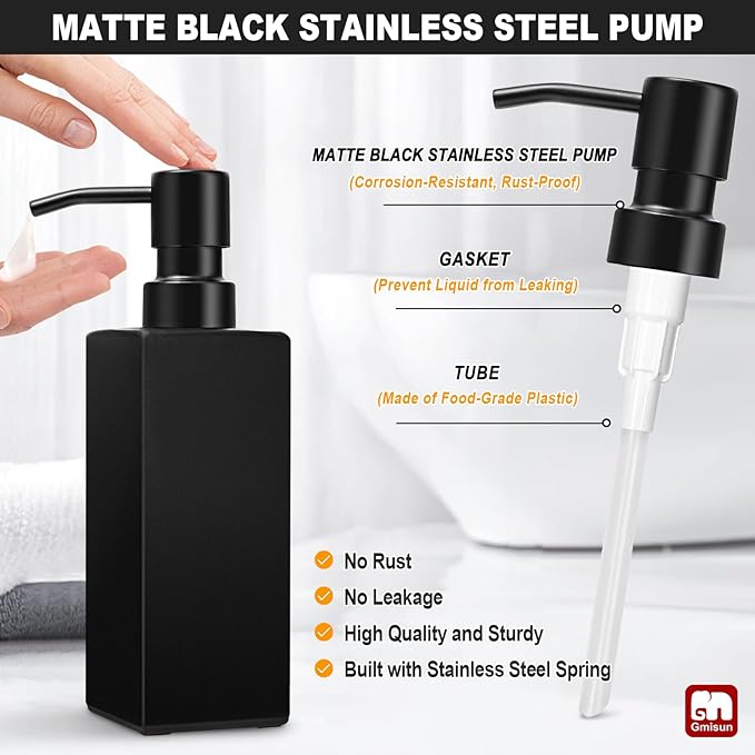 GMISUN Black Soap Dispenser Bathroom, Glass Hand Soap Dispenser with Stainless Steel Pump, 12 fl oz/350ml Refillable Dish Dispensers for Kitchen, Modern Liquid Lotion Bottles for Bathroom Countertop