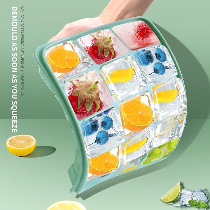 Tvmania Ice Cube Trays Set of 2, 15-Cube Silicone Molds with Removable Lids | Stackable, easy release, BPA-free, reusable, for freezer and whiskey
