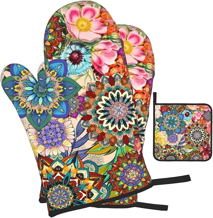 Boho Floral Oven Mitts and Pot Holders Sets of 3, Cute Baker Stuff | Heat Resistant Colorful Kitchen Gloves Hot Pads,Chef Cooking Gifts for Women Bakers,Kitchen Gifts for Baking Lover Cooks Mom