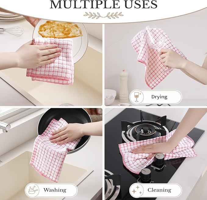 Homaxy 16 Pack Terry Kitchen Dish Cloths, 12"x12", Pink | Super Soft and Absorbent Dish Rags, Quick Drying Reusable Dish Towels for Washing Dishes