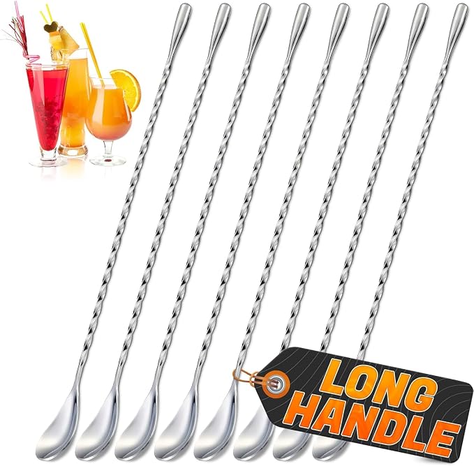 8 Pcs Bar Spoons Set, 12" Long, Twisted Spiral, 304 Stainless Steel | Bar Mixing Spoon Set; Dishwasher Safe, Polished; Sugar Spoon for Cocktails, Coffee, Milkshakes, Smoothies, and Coffee Shop
