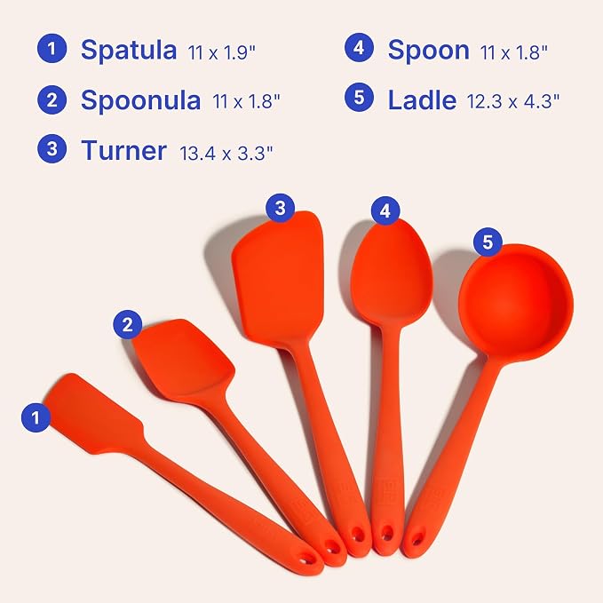 GIR 5-Piece Silicone Kitchen Utensils Set, Non-Toxic Cooking Utensils for Cooking and Baking, Heat Resistant, Food Grade, Dishwasher Safe Rubber Spatula, Ladle, Spoon - Fire Red