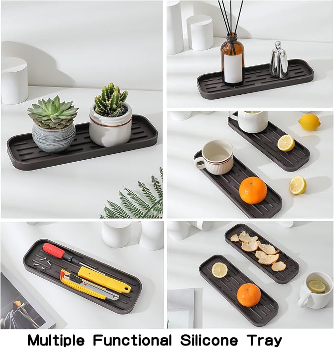 MicoYang Silicone Kitchen Sink Organizer Tray for Multiple Usage,Eco-Friendly Sponges Holder for Kitchen Bathroom Counter or Sink,Dish Soap Dispenser,Scrubber,Bottle,Cup (Coffee, 12"×4")