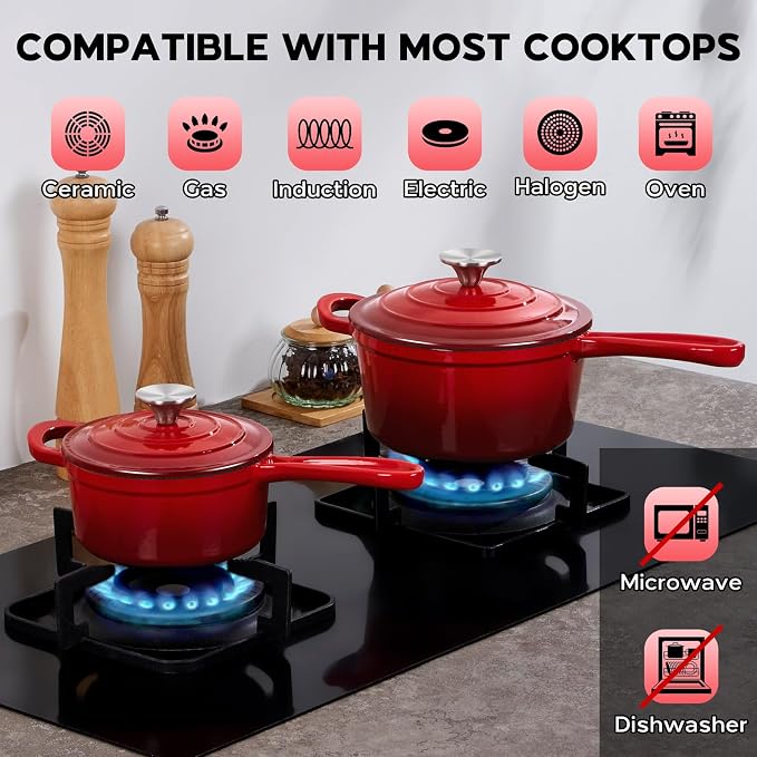 Onader Enameled Cast Iron Sauce Pan, 1QT & 2QT Small Saucepan Set with Lid, Cast Iron Sauce Cooking Pot, Enamel Dutch Oven, Nonstick & Induction Compatible – Red