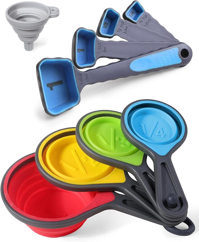 Measuring Cup and Spoon Set, Collapsible Measuring Cup, 8 Piece Measuring Tools and 1 Funnel, Engraved Metric/US Markings, for Liquid and Dry Measurements, Space Saving, BPA Free Silicone, Colorful