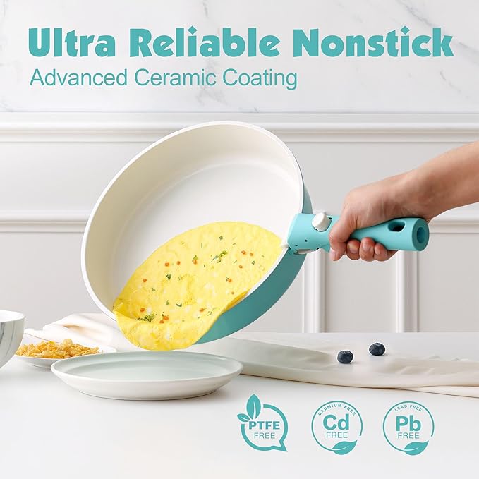SENSARTE 17 Piece Ceramic Detachable Handle Pots and Pans Set Turquoise | Ceramic Cookware Set, Induction Cookware Set with Removable Handle, Healthy Non Stick for RV, Dishwasher ＆ Oven Safe