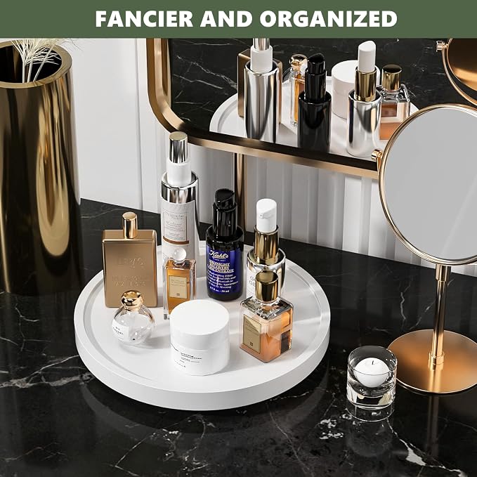 Turntable Vanity Tray, 10 Inch Bamboo Kitchen Sink Countertop Organizer | Perfume Candle Tray, Keep Glass Sponge and Soap, Bathroom Countertop Organizer, White