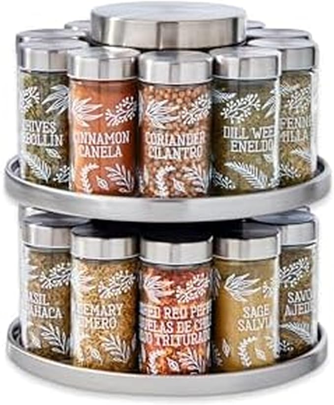 Kamenstein Salem 20-Jar Rotating Spice Rack with Spices Included, Stainless Steel Countertop Organizer with Sifter Caps and Tool Caddy, Spice Set for Kitchen Organization