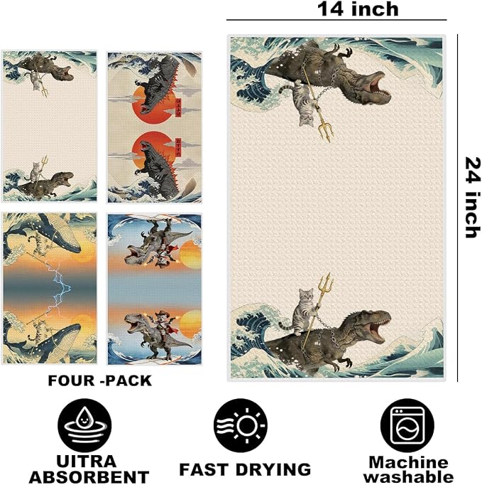 4 Pcs Funny Cat Kitchen Towels, Godzilla Japanese Cats Gifts Hand Towel | Cat Lover Gifts for Women Mom Microfiber Dish Cloths for Drying Dishes, Waffle Dish Towels for Kitchen Home Decor 24x14 Inch