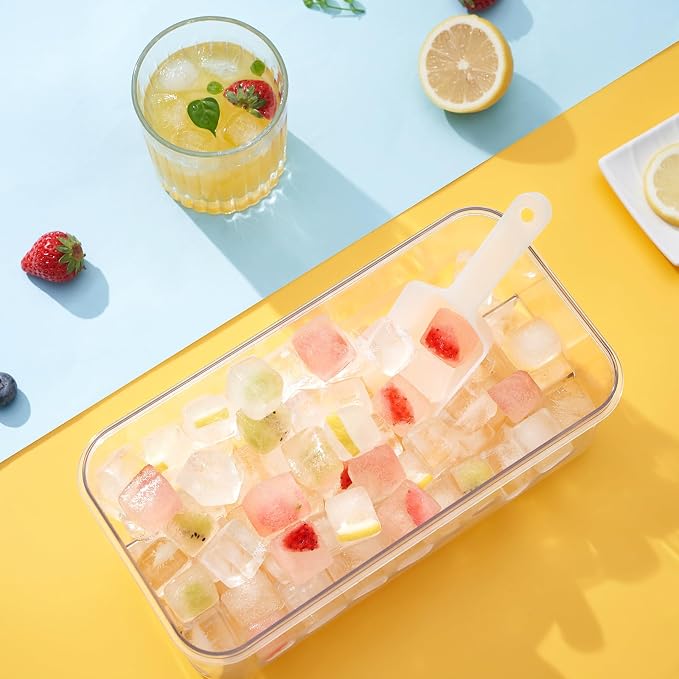 1" Ice Cube Tray with Lid and Bin, Easy Release 64 Cubes for Freezer | Food-grade BPA-free PP and ABS. 1" x 64pcs ice cubes for fruit whiskey, cocktails. Space-saving, stackable with scoop