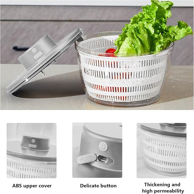 USB Electric Salad Spinner,4L Large Capacity Lettuce Vegetable Washer Dryer | Vegetable Strainer Spinner for Lettuce Fruit Drying,Automatic Compact Salad Cleaner and Dryer for Home Kitchen Gadget(White)