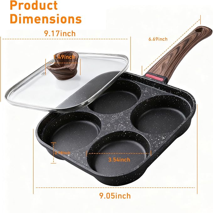 4 Cup Egg Pan with Lid, Nonstick Fried Egg Skillet for Breakfast, Black | Aluminum Non Stick, Bakelite Handle, For Pancake, Burger, Sandwiches, Suitable For Gas Stove & Induction Cooktop