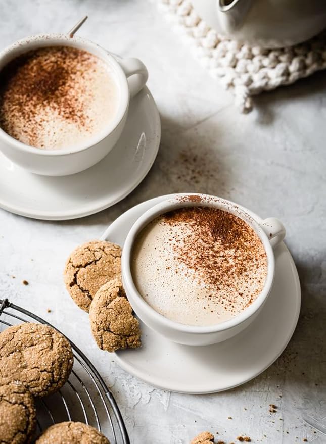 LE TAUCI 8 oz Cappuccino Cups with Saucers, Set of 4 Large Ceramic Coffee Cup Set for Latte, Au Lait, Flat White, Mocha, Tea Cup Set, Dishwasher Safe, Embossed Coffee Cups, White