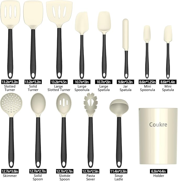 Coukre Silicone Kitchen Cooking Utensils Set, Heat Resistant, 14-Piece | Dishwasher-Safe, Food-Grade Silicone, BPA-Free, Spatulas, Spoons & Turner, Safe for Nonstick Cookware, Beige