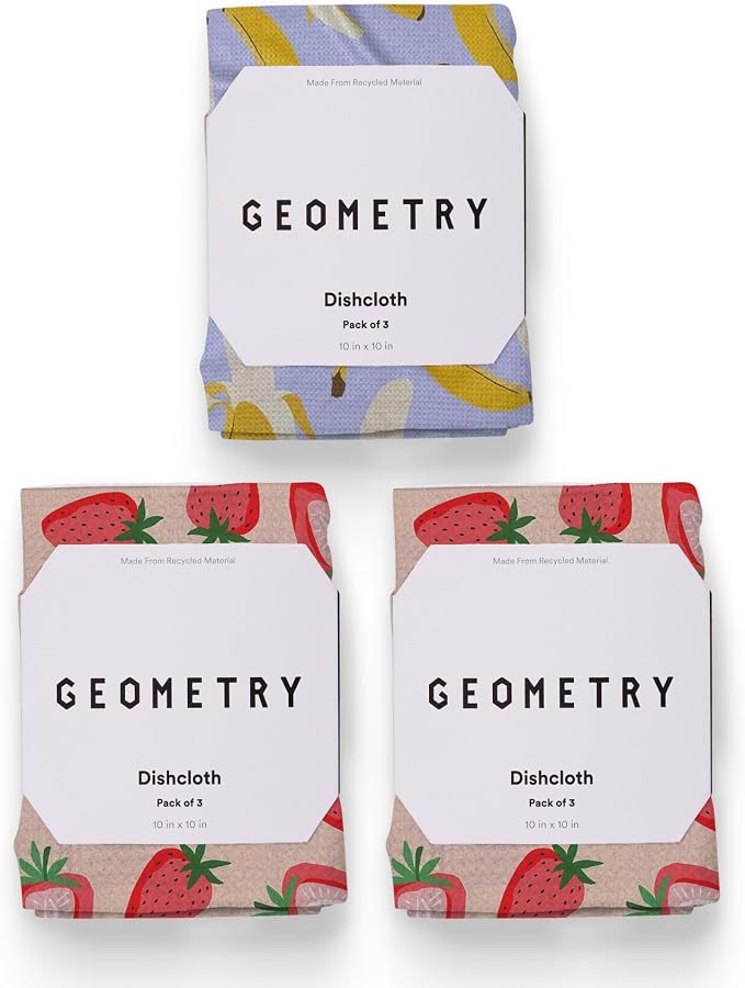 GEOMETRY Kitchen Dish Cloths - Spring & Summer Collection - Premium Dishcloths with Geoweave - Absorbent & Fast Drying Kitchen Towels - Strawberry Banana, 10" x 10" - 3-Pieces