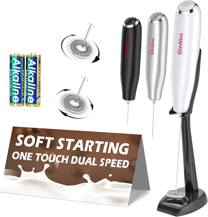 Handheld Milk Frother Dual Speed Splash-Free, with Stand & Drip Tray | Foam Maker, Auto Shut Off, Stainless Steel Whisk for Coffee, Latte, Cappuccino, Matcha