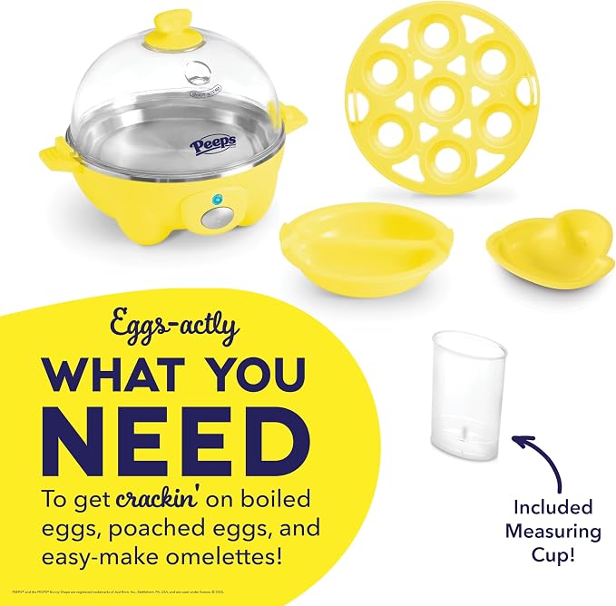 PEEPS & Dash Rapid Egg Cooker, Chick Omelette Mold, Yellow | Electric Egg Poacher, Boiler, Steamer & Omelette Maker Machine, Soft or Poached Eggs for Breakfast, Auto Shut-Off, BPA-Free
