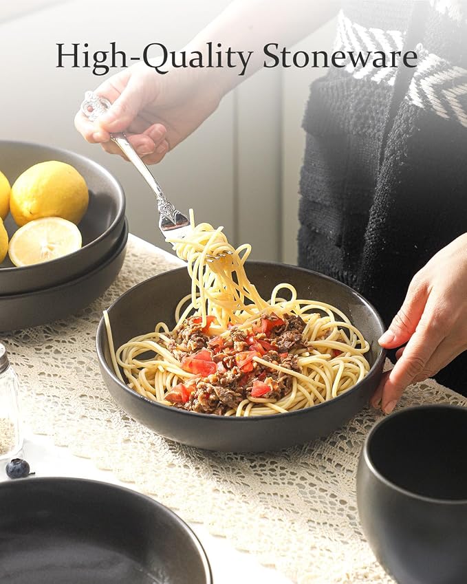 Ceramic Pasta Bowls, 34 oz Large Serving Bowls Set of 2, Stoneware Dinner Bowls for Pasta, Soup, Salad, Deep Pasta Plates for Housewarming Gift, Microwave & Dishwasher Safe, Matte Black