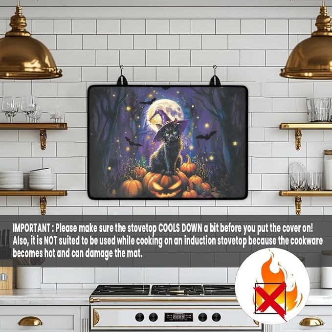Dark Halloween Cat Pumpkin Cover for Stove Top, Heat Resistant Silicone Stove Mat, Non-slip Ceramic Glass Electric Stovetop Cover, Cute Dish Drying Mat, Halloween Gifts for Family