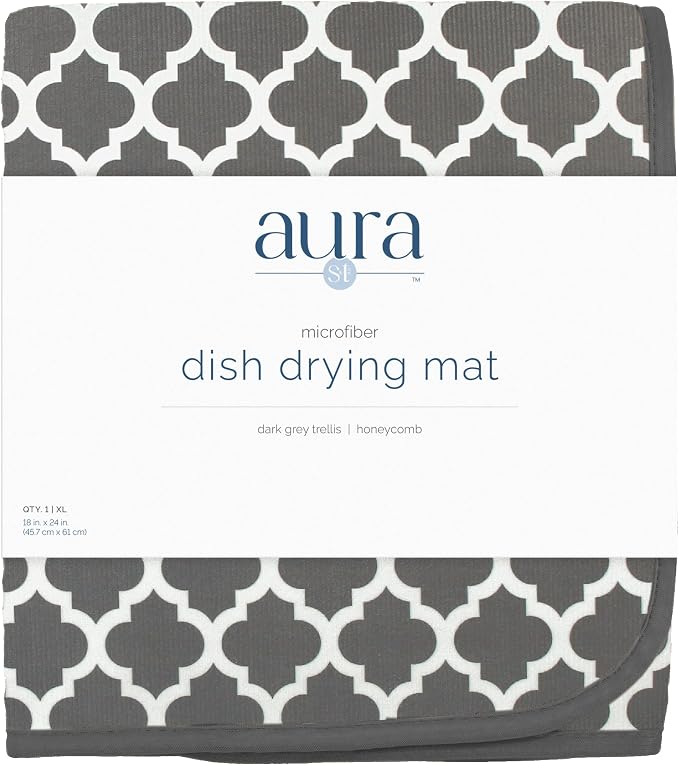 S&T INC. Dish Drying Mat, 18" x 24", XL, Grey Trellis | Absorbent Microfiber, Extra Large Kitchen Counter Mat for Dishes, Utensils, Pots and Pans, Machine Washable