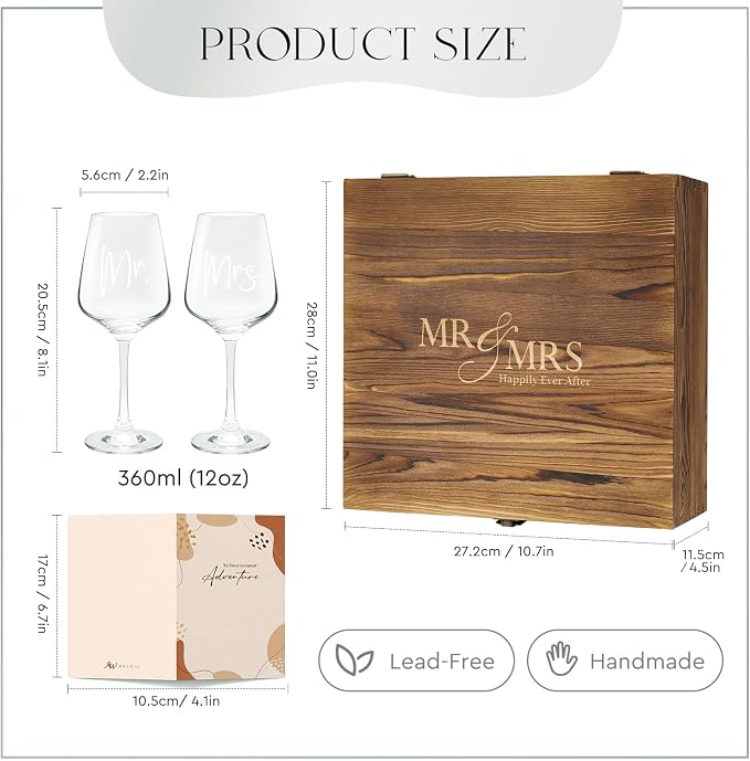 AW BRIDAL Mr and Mrs Wine Glasses, Bridal Shower Wedding Gifts for Couples | Engagement Gift for Newlyweds 2026, Bachelorette Gifts for Bride to Be, Wedding Glass with Opener Stopper Wooden Keepsake Box