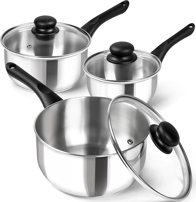 MICHELANGELO Stainless Steel Pots with Lids, Triply Base for Induction | Lightweight Cooking Pot Set, Sauce Pans with Cool-Touch Bakelite Handle, Induction Compatible Saucepan, 1 + 2 + 3QT