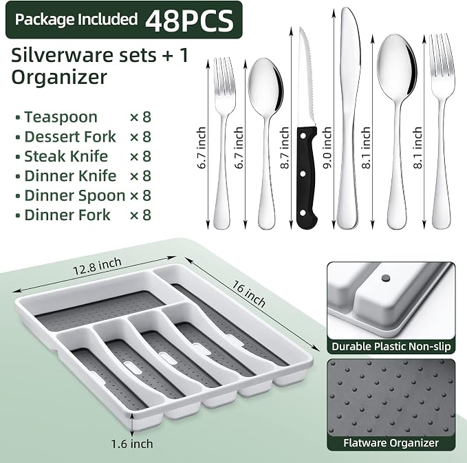 49-Piece Silverware Set with Organizer, CEKEE Stainless Steel Flatware Cutlery Set Service for 8, Mirror Polished Kitchen Utensils Set with Steak Knives Included Spoons and Forks Set & Tray