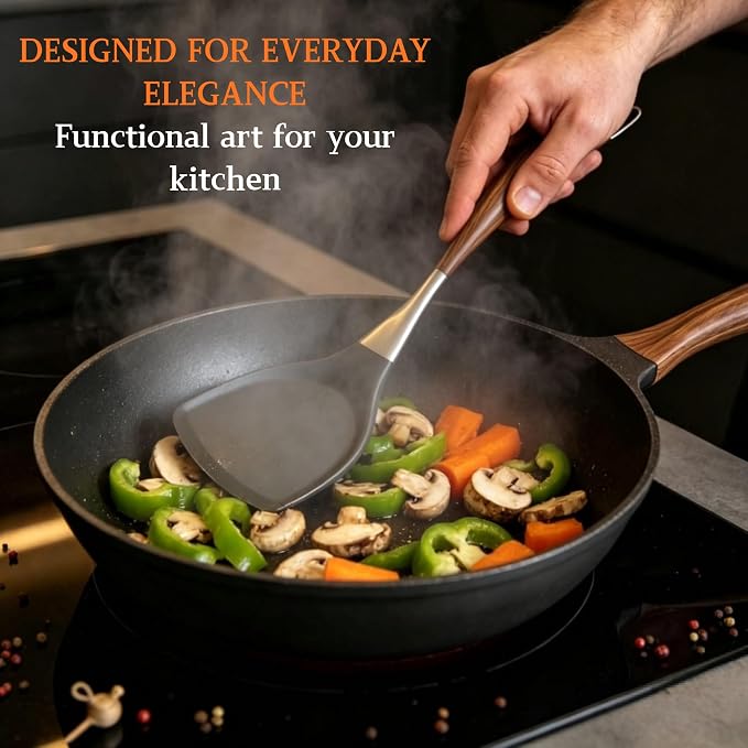 Silicone Cooking Utensil Set 7-Piece, Heat Resistant Kitchen Utensils Set Non-Stick with Wood Grain Handle, BPA-Free Spatula Set Dishwasher Safe (Space Gray)