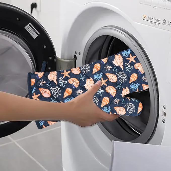 Oven Mitts Cotton Fashion Cute Cowry Design 1 Pair | Heat Resistant Oven Gloves Safe Cooking Baking Grilling Barbecue Machine Washable Pot holders Christmas Gift (Cowry)