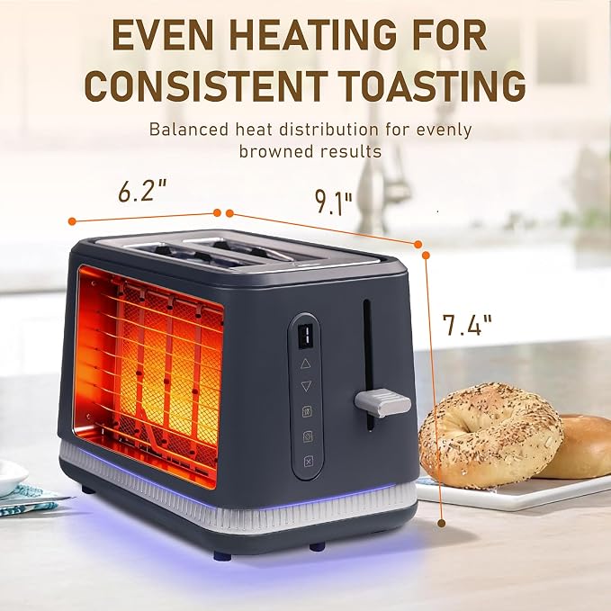 Stainless Steel Toaster 2 Slices, Toasters Wide Slot, Bread Toaster with Cancel, Reheat, Defrost Function, Bagel Toasters with Removable Tray & 6 Temperature Settings, LED Display, Grey
