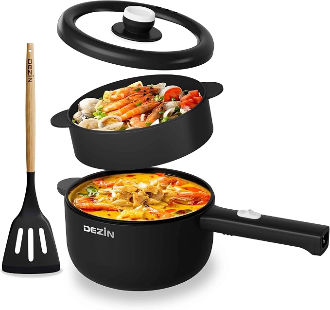 Dezin 2L Hot Pot Electric, Non-Stick Electric Pan, 700W Adjustable Power | Electric Pot for Cooking/Steak/Egg/Fried Rice/Ramen/Soup, Portable Pot for Dorm/RV/Family/Travel/Camping, Include Spatula