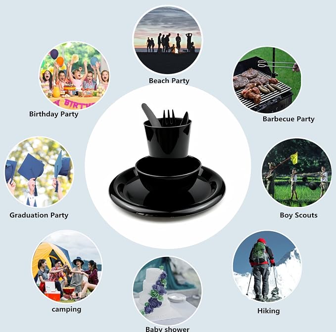 24Piece Plastic Plates and Bowls Sets Dinnerware Set Dishes Set for 4,College Dorm Room Essentials,Camping Plates and Bowls with Tumbler,Knives,Forks and Spoons,Mess Kit,Microwave Safe,BPA Free-Black