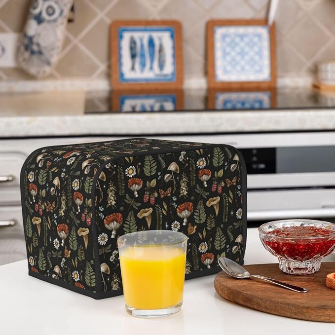 2 Slice Toaster Cover Vintage Mushroom Leaf Forest Dust Proof Washable Kitchen Appliance Cover with Pocket, Oxford Fabric Countertop Toaster Protector for Standard Toasters Small Appliances
