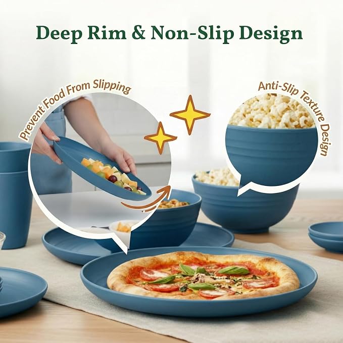 Wheat Straw Dinnerware Sets for 8, 40 Pcs Unbreakable Plates and Bowls Sets, Microwave Dishwasher Safe Dish Set, Reusable Plastic Dishes for Kitchen, Camping, Deep Plates for Salad (Blue)