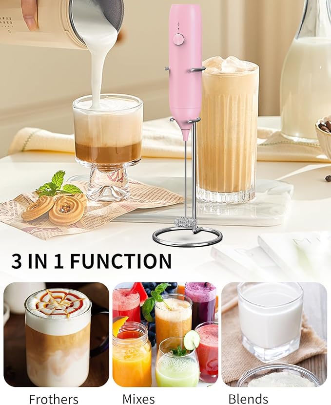CIRCLE JOY Milk Frother Handheld Rechargeable Milk Foamer Electric Mini Drink Mixer with Stainless Steel Whisk for Coffee, Cappuccino, Lattes, Frappe, Matcha and Hot Chocolate, Pink