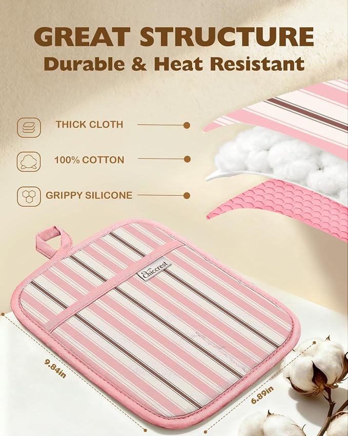 100% Cotton Pot Holders Textured Soft Silicone Pink Stripe | Stylish Pot Holders 2pcs, Machine Washable Non-Slip Heat Resistant Hot Pads & Oven Mitts 2-in-1, Practical Kitchen Decor