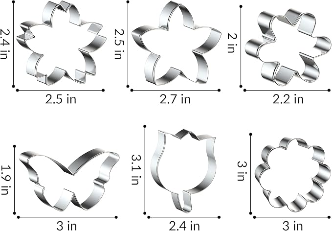 FUSOTO 6PCS Flower Cookie Cutter Set, 3 Inches Flower Shaped | Cookie Cutter-Daisy, Tulip, 3 Shaped of Flower, Butterfly, Stainless Steel Cookie Cutters, Baking Tool for Homemaking Cookie