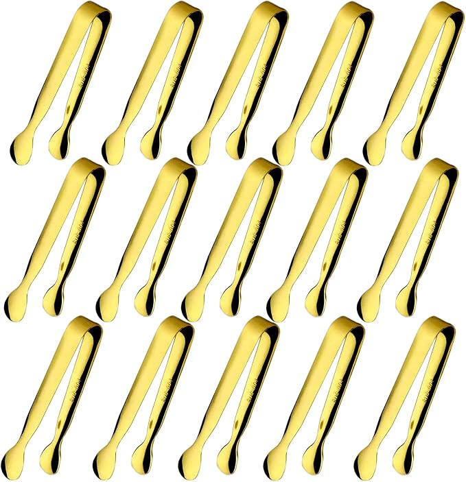 15PCS Mini Tongs for Serving, Metal Tong Stainless Steel Gold Tongs, 4.25Inch Small Sugar Tong, Kitchen Mini Serving Tongs for Appetizers, Ice, Charcuterie, Gold Utensil for Dessert Table, Tea Party
