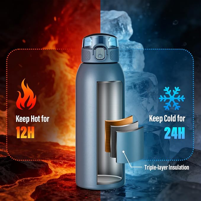 Insulated Water Bottle 24 oz with Dustproof Lid, Carry Handle & Tea Infuser, BPA-Free & Leakproof, Stainless Steel Water Bottles Ideal for Fitness, Hiking, Office & Outdoor Use (Navy Blue)