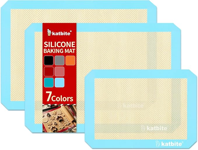 Katbite Silicone Baking Mat Set of 3 Light Blue | 2 Half Sheets Mats + 1 Quarter Baking Sheet, Reusable & Nonstick Bakeware Mats for Cookies, Macarons, Bread