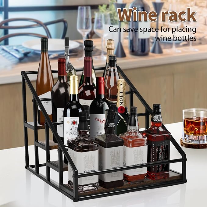 YQBRAO 2-Pack 4-Tier Coffee Syrup Organizer, 32-Bottle Total, Brown | Two racks hold up to 32 bottles total with stepped visibility for large coffee bars, kitchens, and beverage stations.