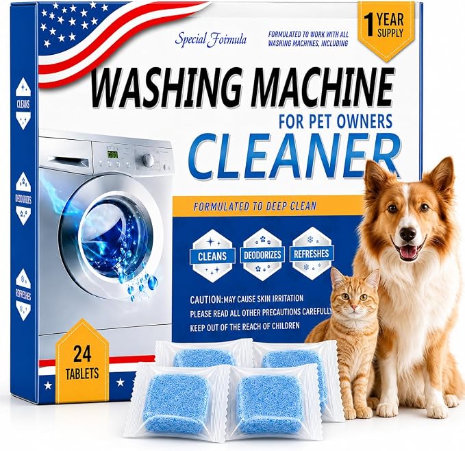 Enzyme Washing Machine Cleaner Tablets for Pet Owners, Deep Clean | Throughly Remove Wash Deodorizer Pet Odor & Hair Residue, for HE Front/Top Load Washers, 24 Count,1 Year Supply
